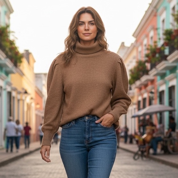 Alex Marie Sweaters - Alex Marie | Turtleneck Puff Sleeve Sweater | Camel Brown | Size M